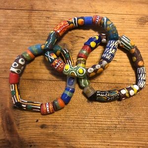 3 African Krobo Glass Painted Bead Bracelets